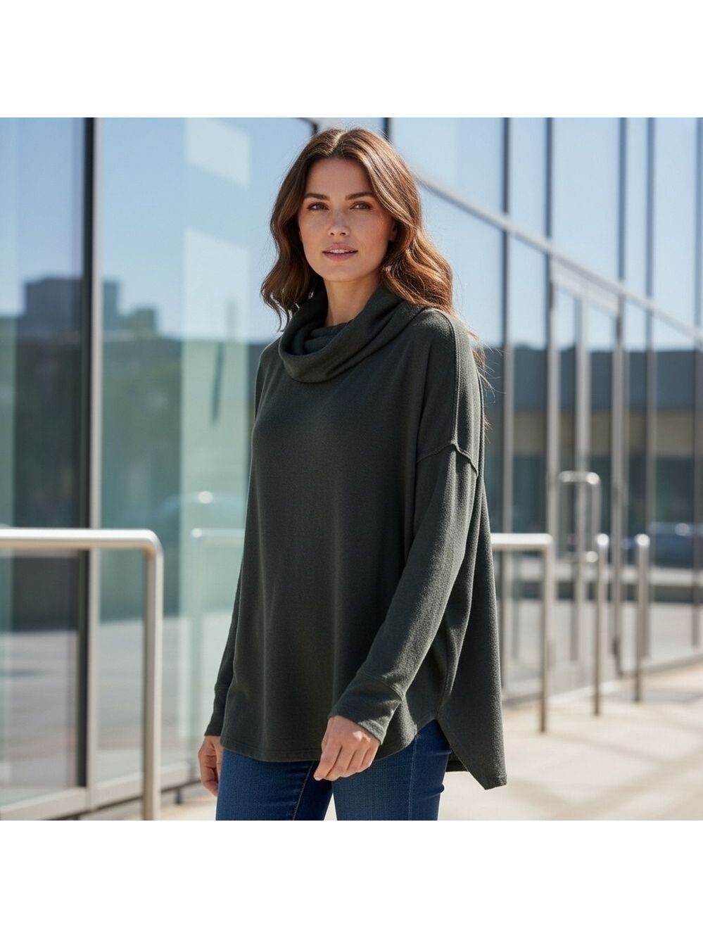 Gray Cowl Neck Sweater Top Cynthia Rowley Flowy Comfy Travel with Relaxed Fit
